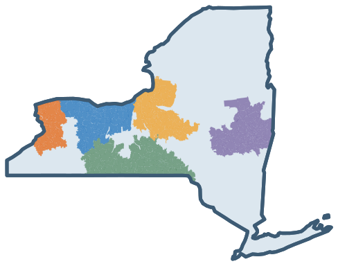 Map of New York State with covered ZIP code areas shaded for Albany, Southern Tier, Buffalo, Rochester, and Syracuse.